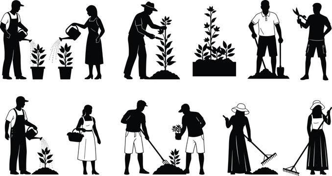 Black and white gardener illustration set featuring people watering plants pruning shrubs and raking soil for agricultural and backyard design