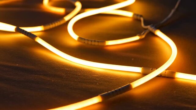 Warm yellow orange neon strip light cable glow floor flexible glowing cable line abstract illumination warm glow electric wire night detail neurodivergent focus creativity modern interior decor