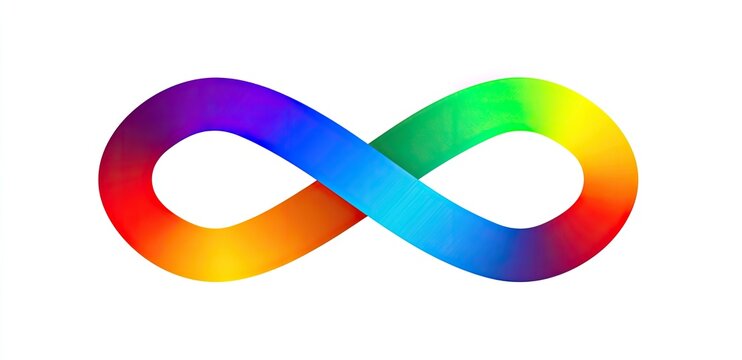 A colorful, gradient infinity symbol, set against a stark white background