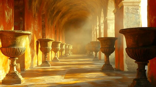 Serene corridor with urns and soft light atmosphere