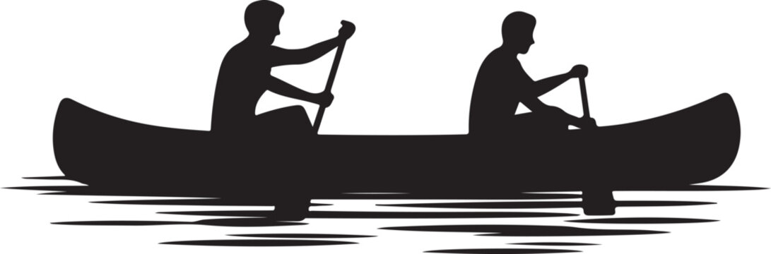 Two people paddling a canoe on water a striking black silhouette
