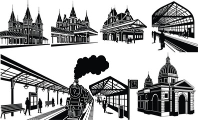 Obraz premium Black and white vintage railway station silhouette set with steam train locomotive passengers and historic terminal architecture for travel design