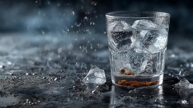 Refreshing glass of water with ice on a wet surface