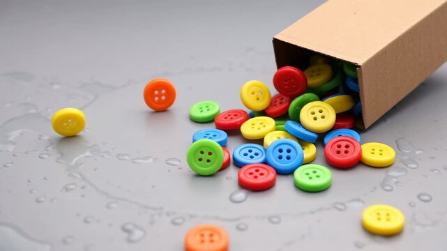 Button box water spill craft sewing wet plastic circle neurodivergent support focus calm cardboard box gray surface droplet splash ring abstract concept assorted orange yellow green blue red mix