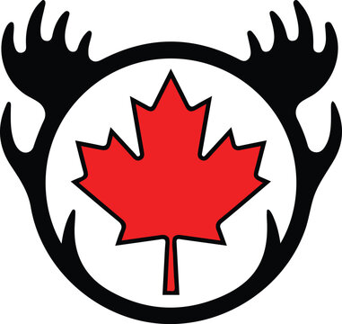 Red Canadian Maple Leaf Framed by Black Moose Antlers Logo