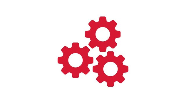 Three interlocking red gears spinning animation isolated on white background
