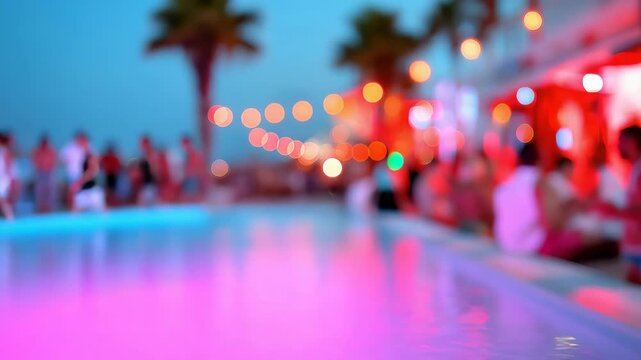 Blurred poolside party at dusk with colorful lights and relaxed atmosphere