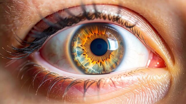 Macro closeup of human eye iris and pupil with vibrant blue orange brown detail, quantum technology inspires biometric security, intricate eyelashes, future of artificial intelligence innovation