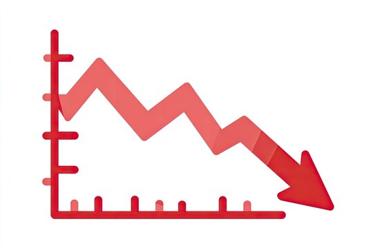 Red graph illustrating a downward trend, featuring an arrow pointing down, set on white