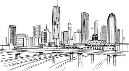 Fototapeta premium City landscape. Different buildings on street, outline cityscape hand sketch, flat houses. Hand drawn vector illustration