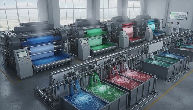 Automated dyeing machines coloring long rolls of fabric in vivid hues, with streams of dyed water circulating back into treatment systems.
