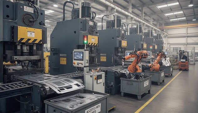 A metal stamping factory with machines punching out sheets of metal, robotic systems inspecting products, and finished parts sliding into bins.
