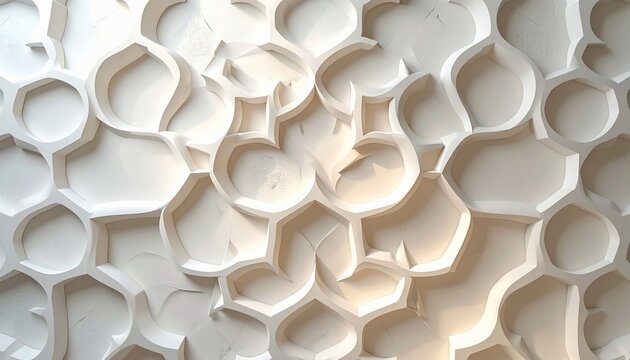 Abstract White Textured Surface with Organic Hexagonal Shapes and Shadows.