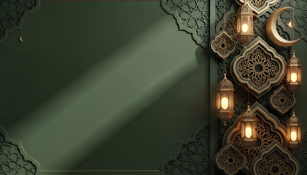 Sophisticated Ramadan Kareem design showcasing warm lantern light and intricate arabesque frames, suitable for invitations, brochures, website headers, and corporate greetings.
