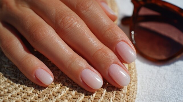 Hands with healthy nails resting by sunglasses and sunscreen. Bright sunlight highlights the well-cared finish on nails during vacation