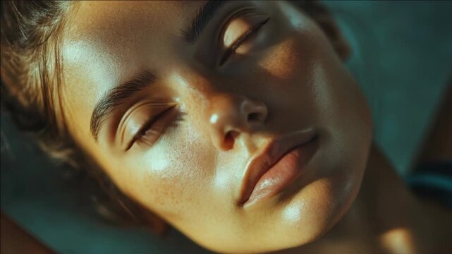Young woman sleeping with closed eyes, highlighted cheekbones and smooth skin