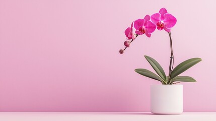 Pink orchid elegantly blooms in white pot