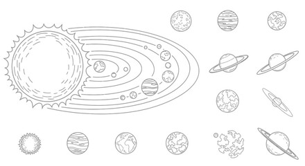 Detailed line drawing of various celestial bodies and planetary orbits © Anjumanara Rakhi