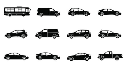 A collection of black silhouette icons depicting various vehicle types © Anjumanara Rakhi