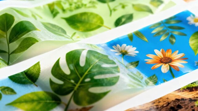 Medium shot featuring printed biopolymer candy wrapping films with vibrant ecothemed designs emphasizing compostable material benefits.