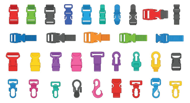 Colorful collection of plastic buckles clips and fasteners arranged in rows