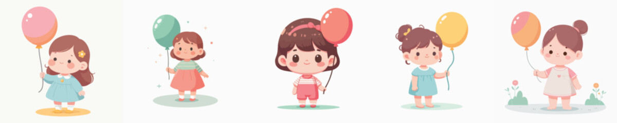 Obraz premium Pastel Handdrawn Cheerful Girl Holding Colorful Balloon Illustration Set