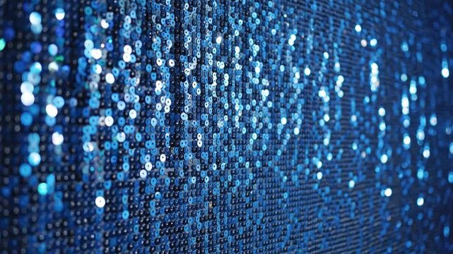 Creative process of making a blue sequin display at a local craft fair in the afternoon