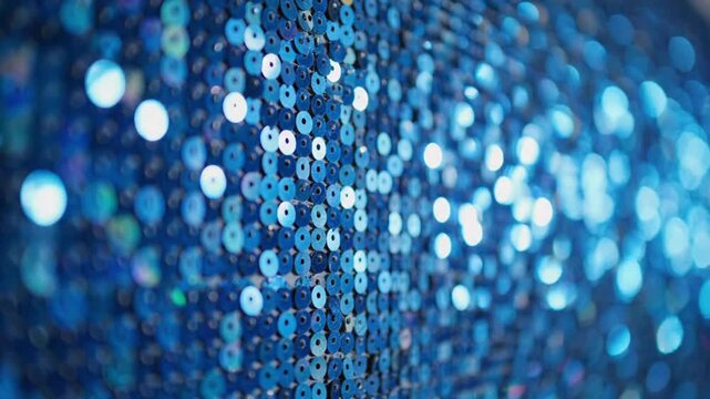 Sparkling blue sequins create a bright effect in a close-up view with reflections and light
