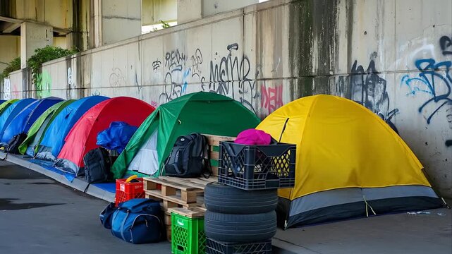 Diverse Tents Lined Up Under Overpass With Graffiti On Concrete Wall Daytime View