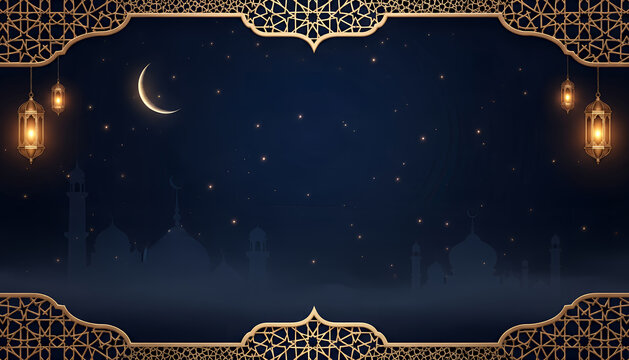Festive Islamic banner design with ornate gold border, glowing lanterns, crescent moon, and tranquil mosque horizon set against rich navy sky filled with stars.