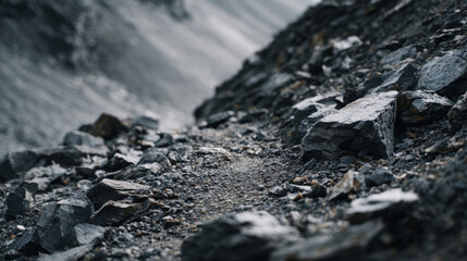 Fototapeta premium Rocky mountain trail with loose stones and gravel leading upwards. A narrow path winds through a desolate landscape of sharp rocks and scree, suggesting a challenging ascent