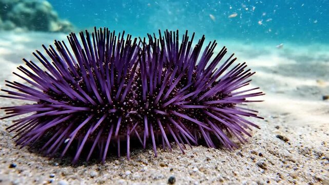 A vibrant purple sea urchin sits on a sandy ocean floor, surrounded by clear blue water and scattered debris
