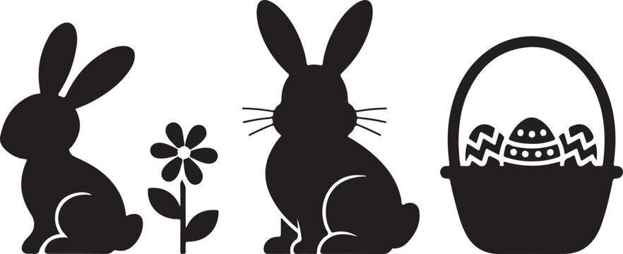 Vector Silhouette Set of Easter Symbols Bunny Rabbit Egg and Basket with Eggs