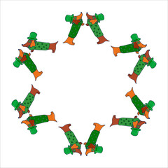 Fototapeta premium Vector St. Patrick's Day round frame with dachshunds in hats and maple leaf wreath, cute flat holiday design isolated on white.
