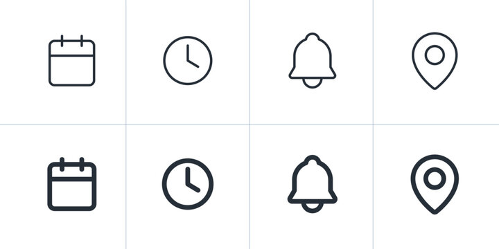 Event Information Line Icon Set. Linear Schedule Symbols for Time, Date, Notice, and Address.