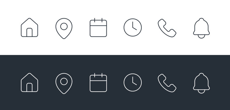 Event and Contact Information Line Icon Set. Linear Symbols for Time, Date, Address, Home, and Phone.
