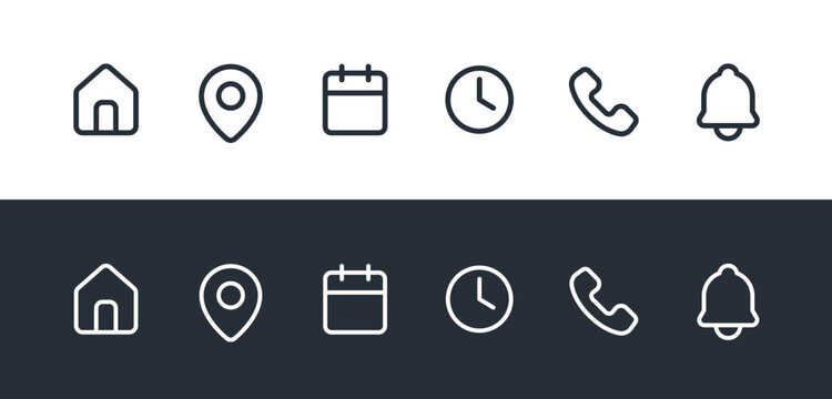 Event and Contact Information Line Icon Set. Linear Symbols for Time, Date, Address, Home, and Phone.
