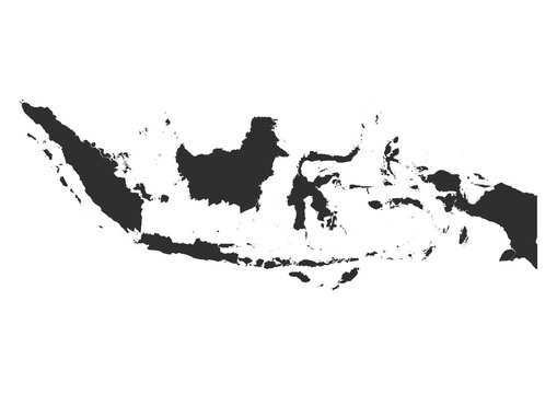 Highly detailed silhouette map of Indonesia featuring major islands including Sumatra, Java, Kalimantan, Sulawesi, and Papua.