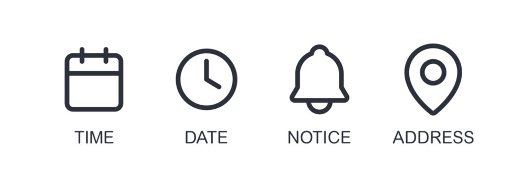 Event Information Line Icon Set. Linear Schedule Symbols for Time, Date, Notice, and Address.