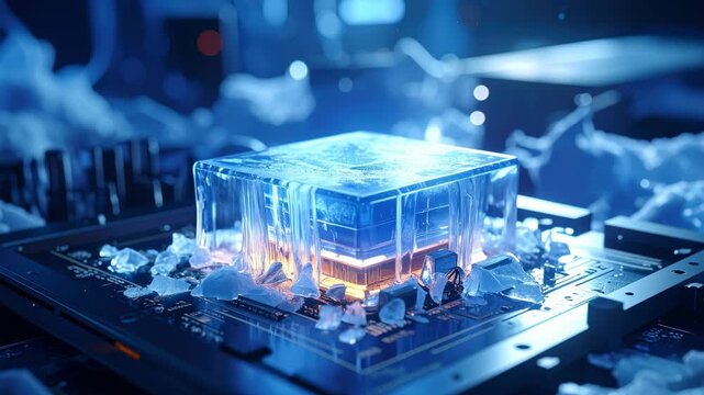 Quantum computer technology ice chip futuristic innovation science blue cold digital circuit hardware artificial intelligence data processor advanced research electronics modern energy crystal