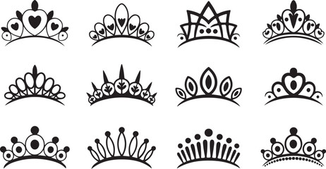 Vector tiara set. Beautiful queen tiaras or princess crown silhouettes for wedding cards and vignettes © Ranaart