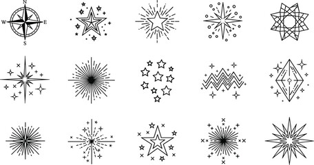 Starburst sparkle icons vector set, celestial stars collection, compass rose symbol, decorative shining elements, magic glitter shapes, vintage line art isolated illustration © Saera