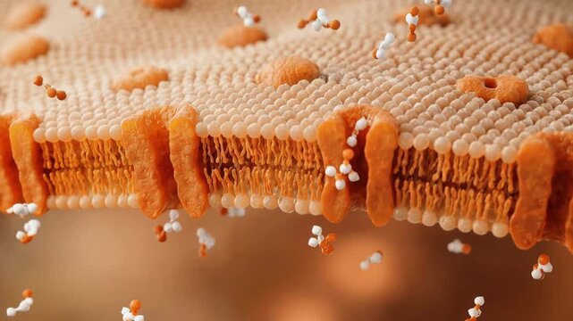 Molecules moving through a cell membrane channel protein across a phospholipid bilayer in 3d render view