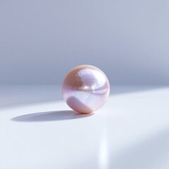 Close-up of a lustrous, iridescent, and perfectly spherical pearl resting on a white surface
