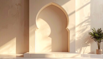 Elegant architectural design with archway and plant, bathed in sunlight, creating a serene atmosphere.