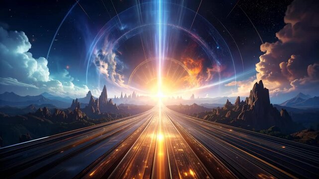 Futuristic landscape with quantum computing and energy beams, glowing sunrise over mountain, cosmic sky, and road, symbolizing future of technology, science, and innovation