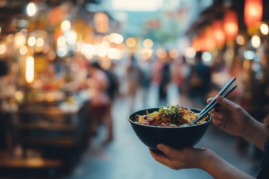 Close-up of hands holding malatang bowl with chopsticks in busy street food market