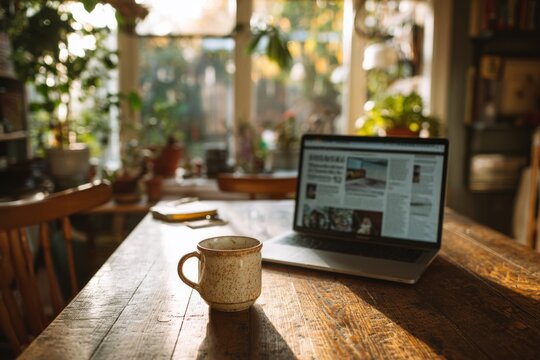 Laptop on wooden kitchen table displaying controversial vaccine headline, subtle sense of misinformation