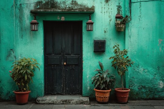 Vibrant photo of Vintage black wooden door on a weathered green wall with terracotta potted plants