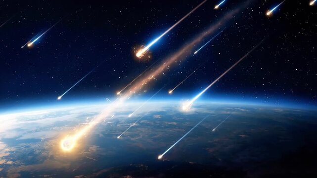Meteor shower streaking through atmosphere above earth horizon with multiple bright fireballs and glowing trails